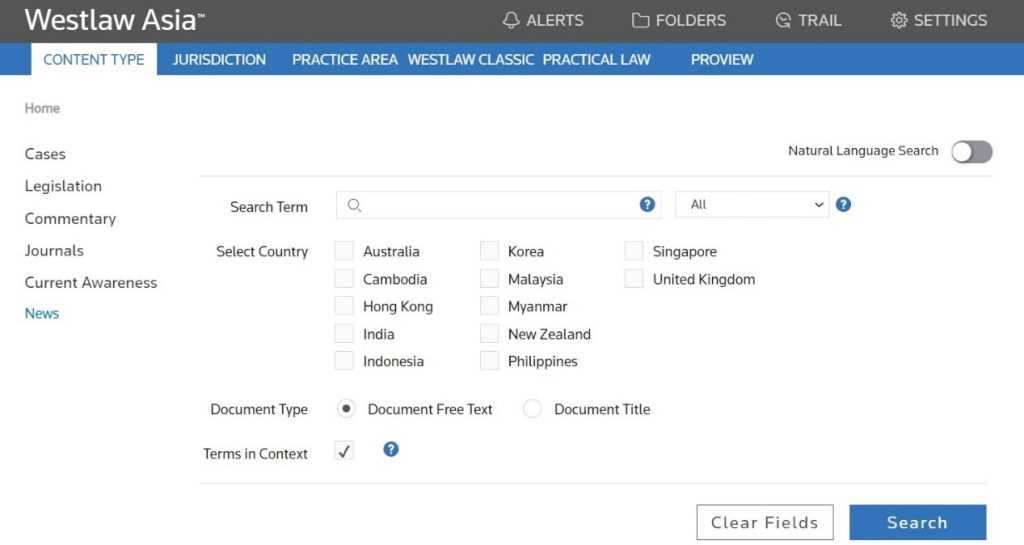 Westlaw Asia interface