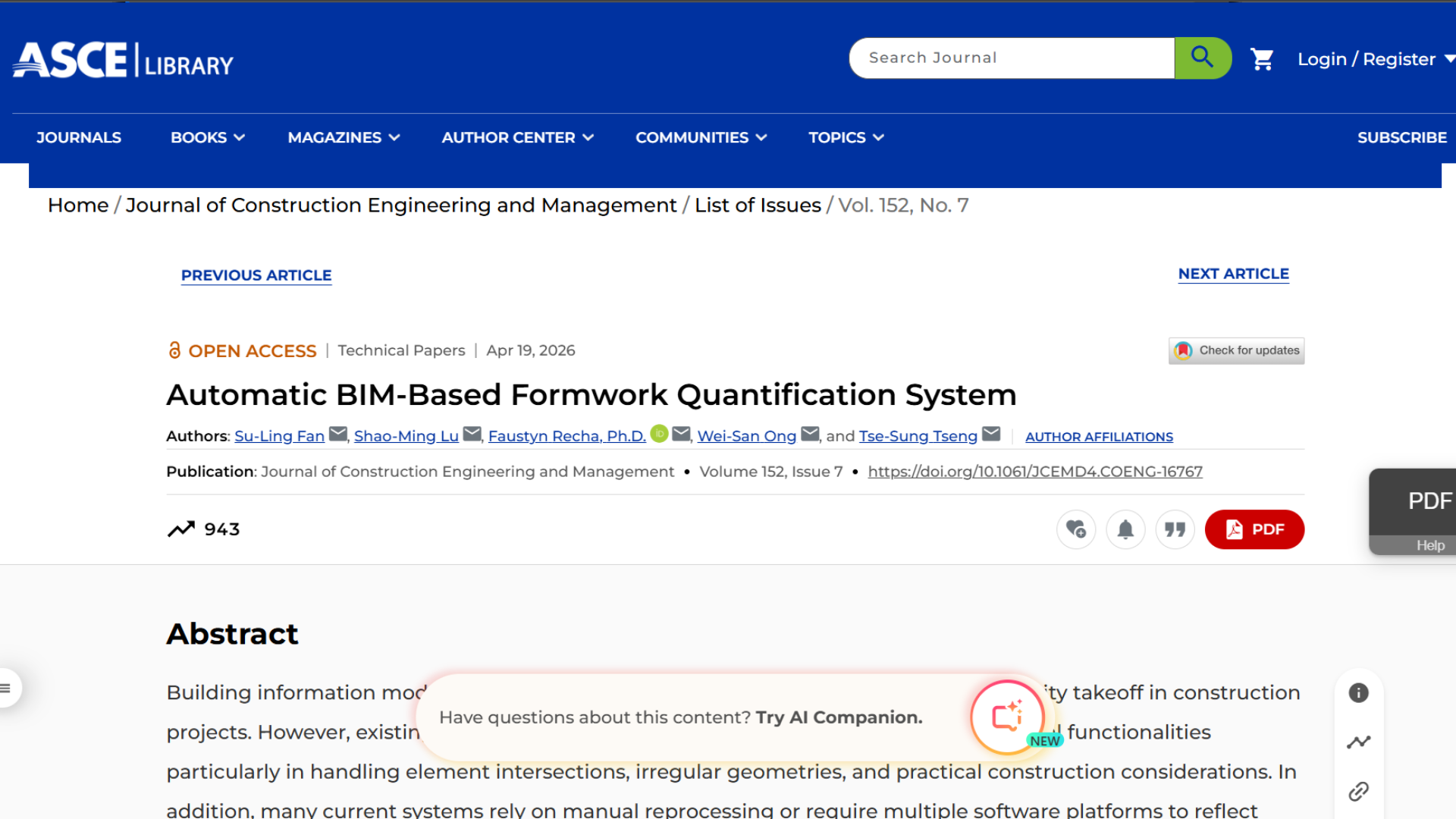 ASCE Library 文章頁面上的 Try AI Companion 浮動按鈕
