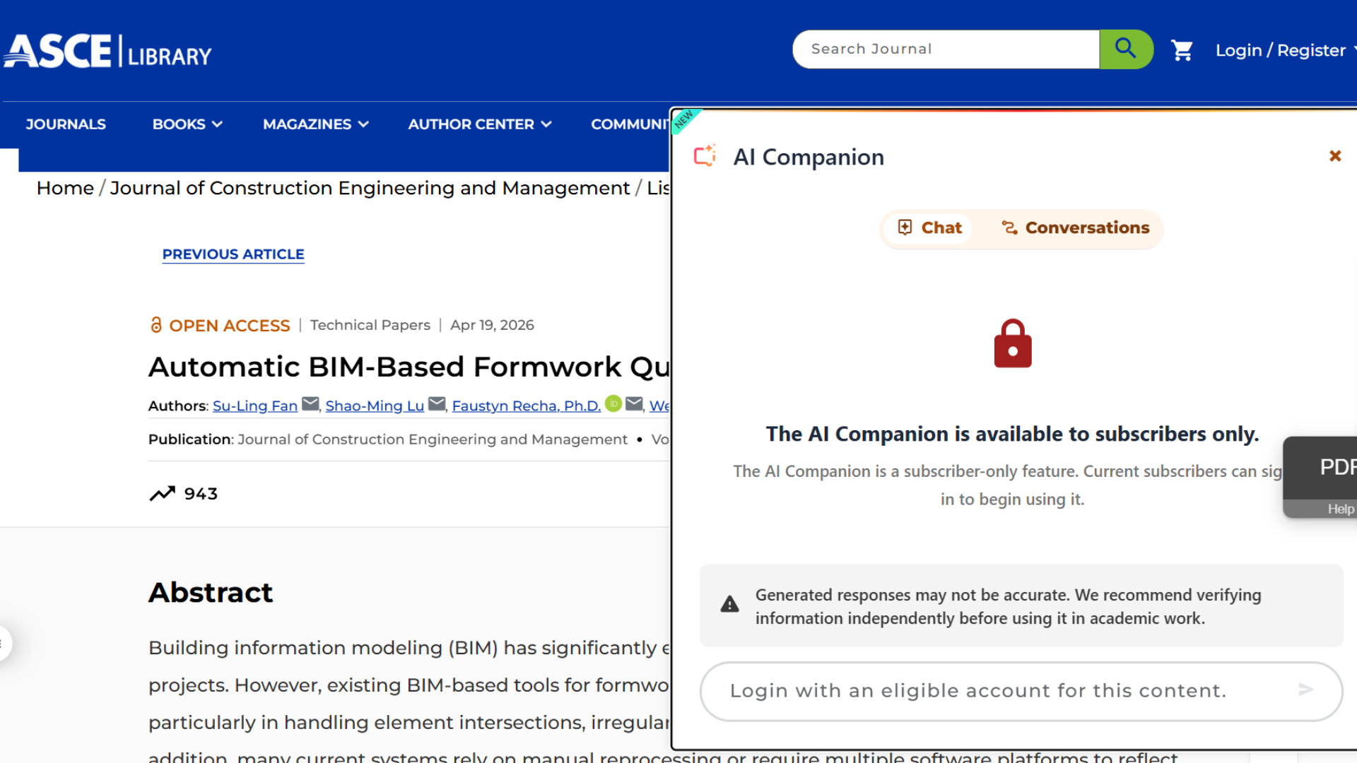 ASCE Library AI Companion 側邊欄視窗，提供 Chat 與 Conversations 功能